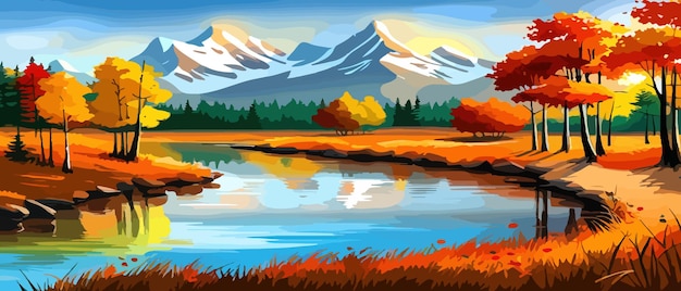 Jesienny krajobraz z drzewami i liśćmi gór pól Krajobraz wiejski Jesienne tło Ilustracja wektorowa poziomy baner Jesienny krajobraz góry i klony upadłe z żółtymi liśćmi