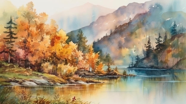 Jesienny krajobraz z górami, lasami i jeziorem w akwareli
