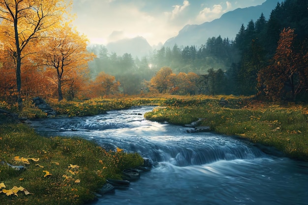 Jesienny krajobraz z górami strumienia na horyzoncie i pniami drzew z pomarańczowymi liśćmi ilustracja 3d