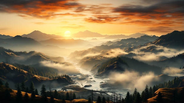 Jesienny krajobraz z górskimi drzewami i widokiem z góry mgły