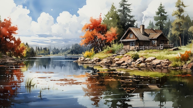 jesienny krajobraz z jeziorem i lasem sosnowym
