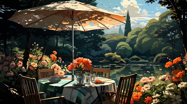 jesienny krajobraz z parasolem nad jeziorem i ławką