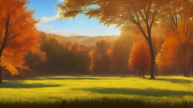 Jesienny krajobraz z polaną w lesie i malowniczymi drzewami w słoneczny dzień Generowanie AI