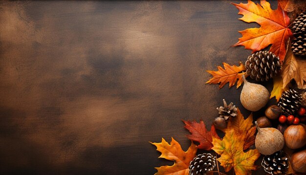 Zdjęcie jesienny liść na drewnie dekoracja przyrody żółta dyni na stole generowana przez sztuczną inteligencję
