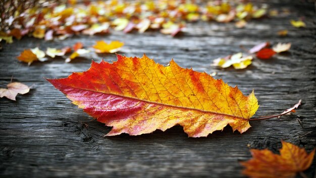 Zdjęcie jesienny liść na tle drewna