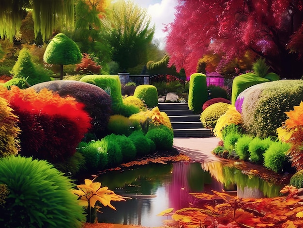 Zdjęcie jesienny ogród ze ścieżką, kwiatami i drzewami oraz pochmurne niebo w tle ai