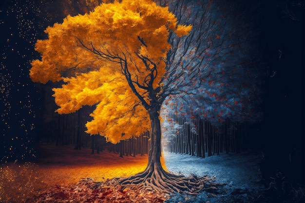 Jesienny opad liści i pożółkłe drzewo w lesie utworzone za pomocą generatywnej ai