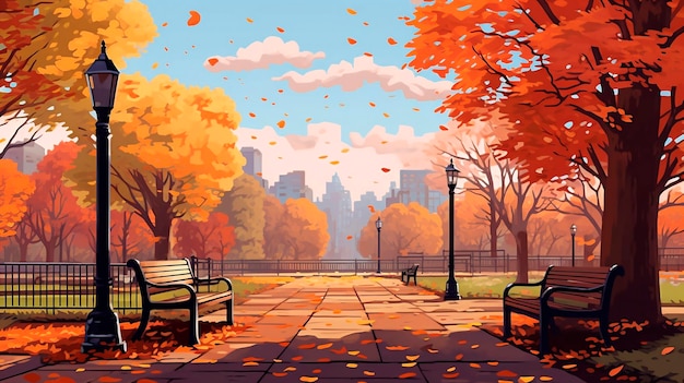 Zdjęcie jesienny park miejski z ławką i lampą uliczną ilustracja wektorowa