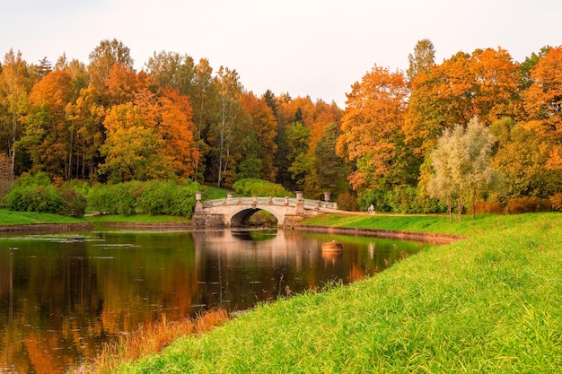 Jesienny Park Pawłowskiego. Rowerzysta na szlaku. Rzeka Slavyanka w Pawłowsku, Sankt Petersburg, Rosja