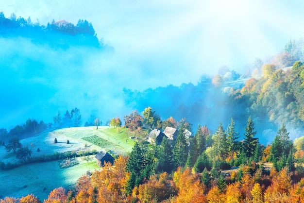 Jesienny poranek w mglistym zboczu góry