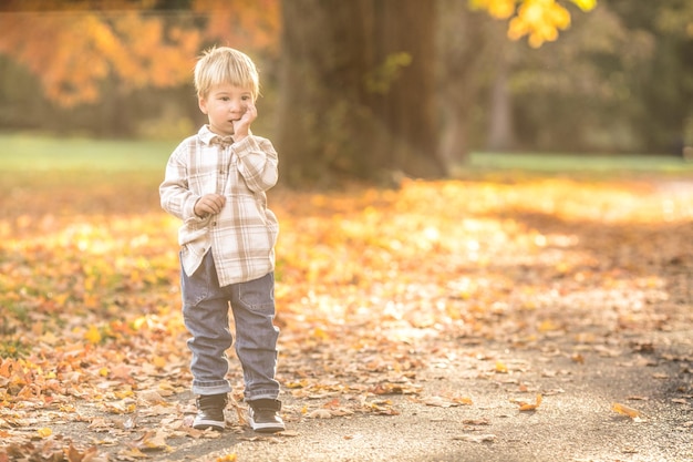 Jesienny portret 23-letniego dziecka w ogrodzie Jesienny sezon Zbliżony widok wesołego słodkiego chłopca