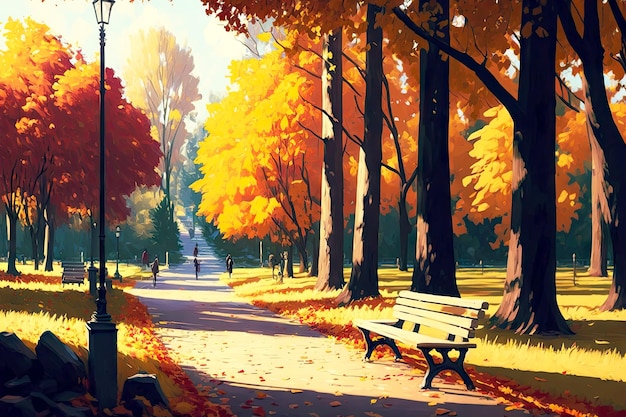 Jesienny słoneczny dzień w parku i jesienne liście utworzone za pomocą generatywnej ai