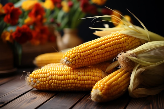 Jesienny urok kukurydzy na drewnianym stole uchwyca sezonową esencję