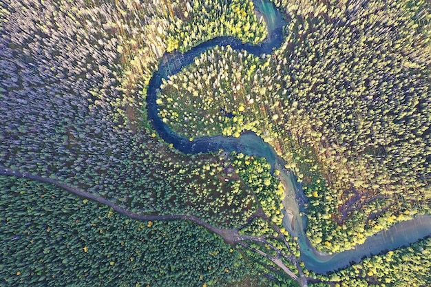 jesienny widok rzeki z lasu dronów, panorama krajobrazu z lotu ptaka