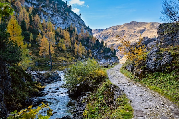 Jesienny widok strumienia alpejskiego z górskiej ścieżki wędrówki do Tappenkarsee Kleinarl Land Salzburg Austria