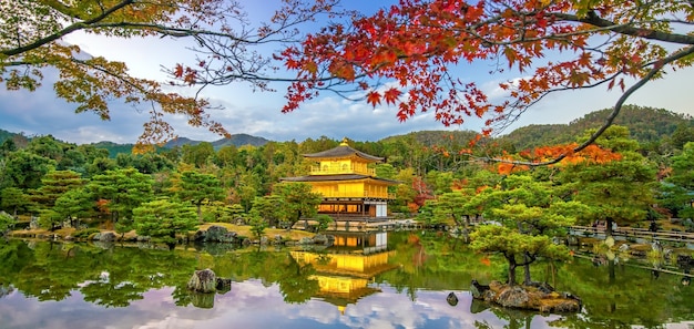 Jesienny widok świątyni The Golden Pavilion of Kinkaku-ji w Kioto, Japonia