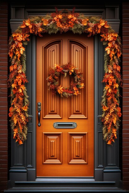 Jesienny wieniec na drzwiach wejściowych wygenerowany przez sztuczną inteligencję