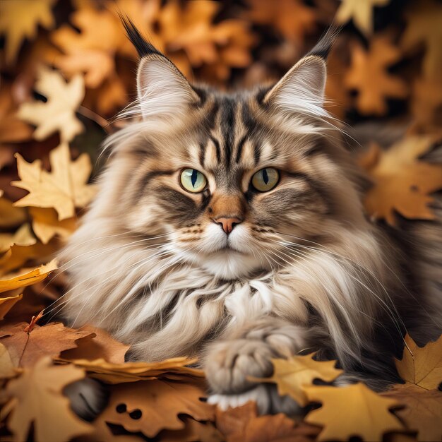 Zdjęcie jesieńska ilustracja czerwony puszysty kot wśród upadłych liści