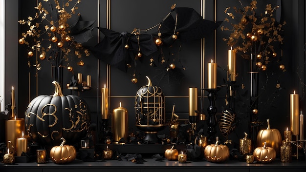 Zdjęcie jesieńska noc świętowa dekoracja halloween z świecącymi świecami i przerażającymi dyniami