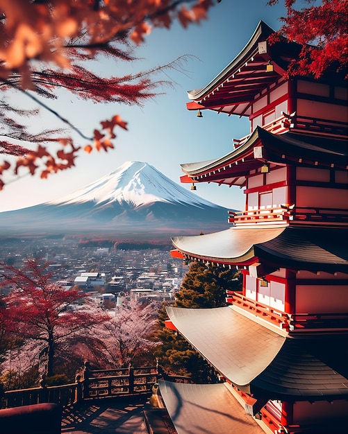 Jesieńska pagoda i widok na górę Fuji