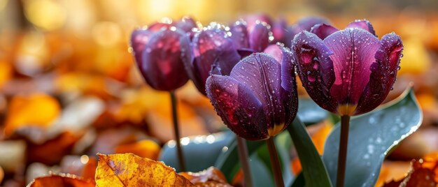 Jesieńska rosy na fioletowych tulipanach