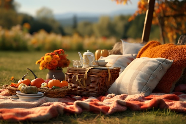 Jesieńska scena pikniku z przytulnym kocem dyni 00004 00