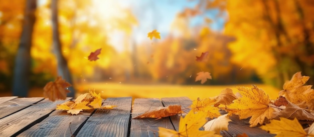Jesieńska sceneria z żółtymi liśćmi na drewnianej desce rozmyte tło Zdjęcie generowane przez AI
