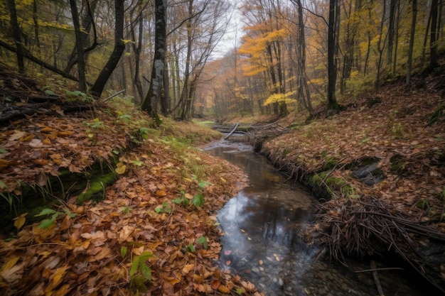 Jesieńska wędrówka po lesie z chrupiącymi liśćmi i strumieniem w tle stworzonym za pomocą generatywnego ai