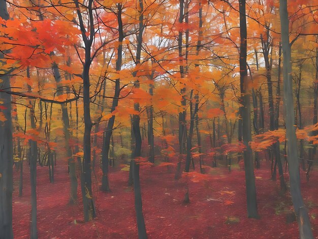Jesieński krajobraz z dywanem czerwonych pomarańczowych i żółtych liści rozrzuconych po ziemi