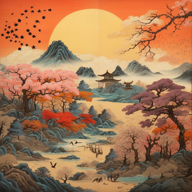 Jesieński krajobraz z jeziorami, drzewami i górami Ilustracja wektorowa