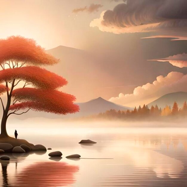Jesieński krajobraz z jeziorem i drzewami przy wschodzie słońca 3d render