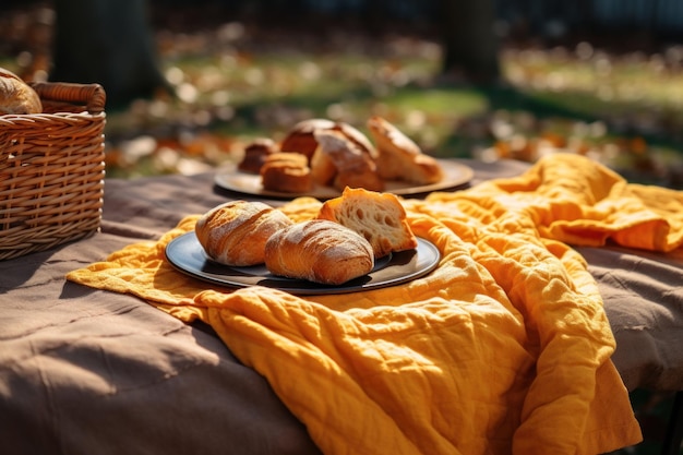 Zdjęcie jesieński piknik z świeżo upieczonym chlebem