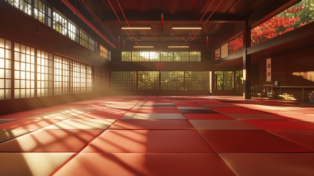 Zdjęcie jesieńskie światło poranne w tradycyjnym japońskim dojo