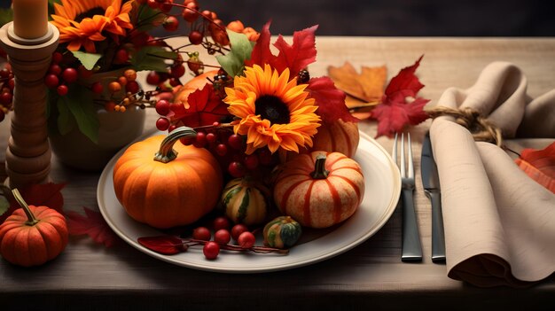 Zdjęcie jesieńskie święto biały talerz widelec i nóż beżowy serwetka