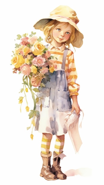 jest akwarela przedstawiająca dziewczynę trzymającą bukiet kwiatów generatywnych ai