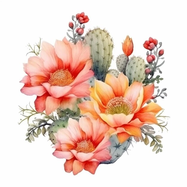 jest akwarela przedstawiająca kaktusy i kwiaty generatywne ai