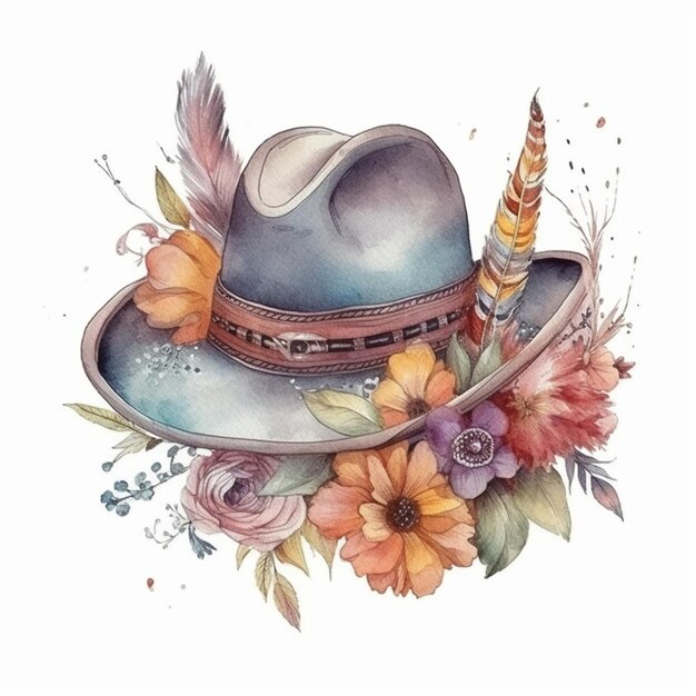 Jest akwarela przedstawiająca kapelusz z piórami i kwiatami generatywnymi ai