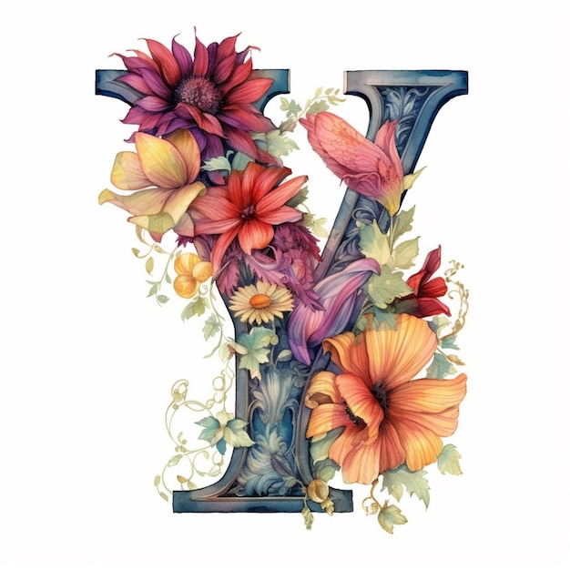 Jest akwarela przedstawiająca literę v z kwiatami generatywnymi ai