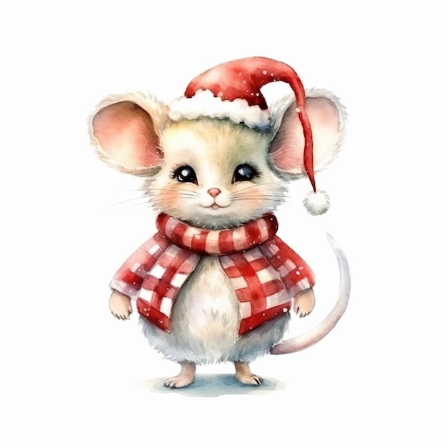 Jest akwarela przedstawiająca mysz noszącą generatywną ai kapelusza Świętego Mikołaja