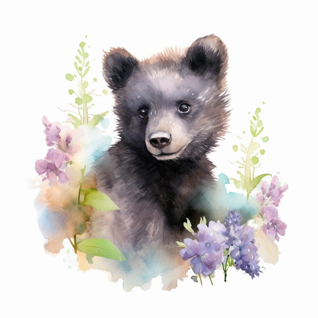 Jest akwarela przedstawiająca niedźwiadka na polu kwiatów generatywnych ai