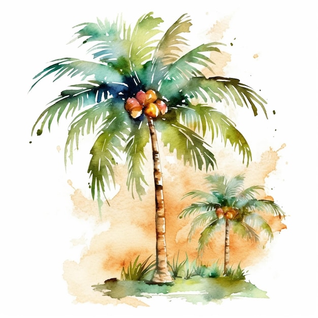 Jest akwarela przedstawiająca palmę i dwa kokosy generatywne ai