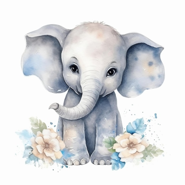jest akwarela przedstawiająca słonia z kwiatami generatywnymi ai