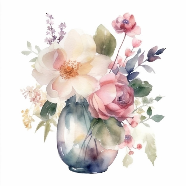 Jest akwarela przedstawiająca wazon z kwiatami w nim generatywny ai