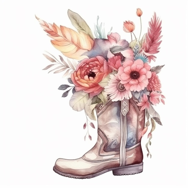 Jest akwarelowy obraz buta z kwiatami na nim generatywny ai
