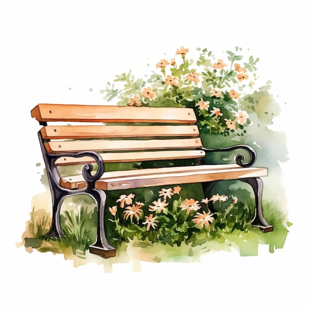 Zdjęcie jest akwarelowy obraz ławki w parku w trawie ai generative