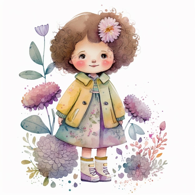 Jest akwarelowy obraz małej dziewczynki z kwiatami.