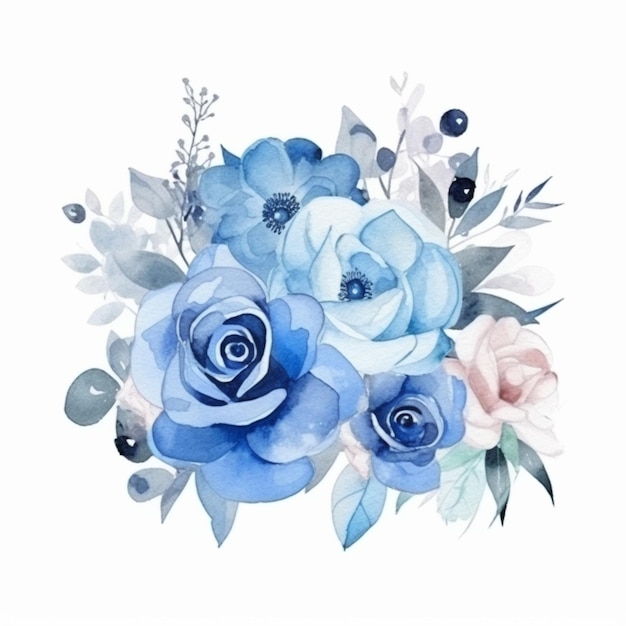 Jest akwarelowy obraz niebieskich róż i jagód generatywny ai