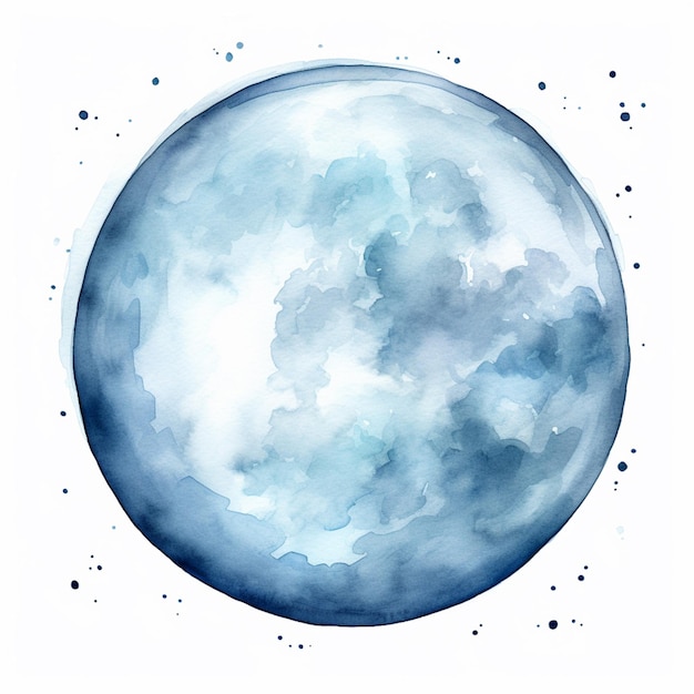 Jest akwarelowy obraz niebieskiego księżyca z chmurami.