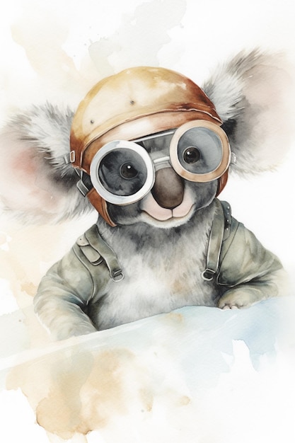 Zdjęcie jest akwarelowy obraz niedźwiedzia koali noszącego hełm pilota.
