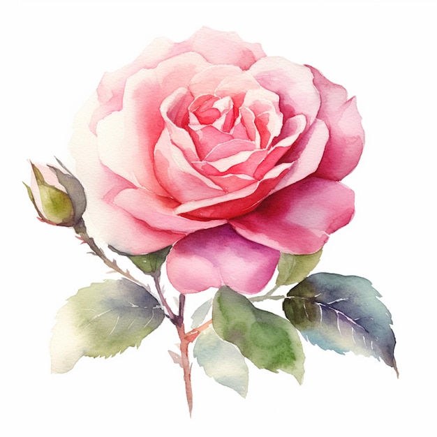 Jest akwarelowy obraz różowej róży na białym tle.